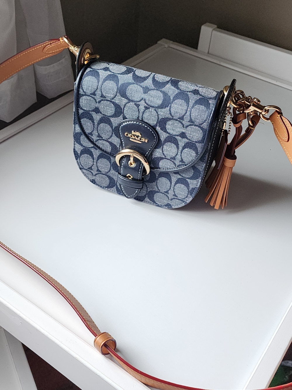 Coach Signature Denim Saddle Crossbody Bag with Tan Leather Trim